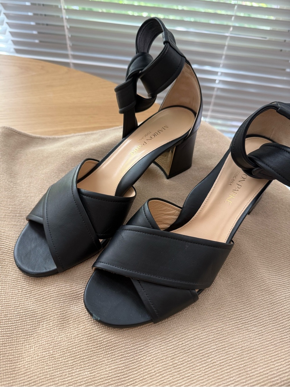 Black Leather Crisscross Block Heel Sandals